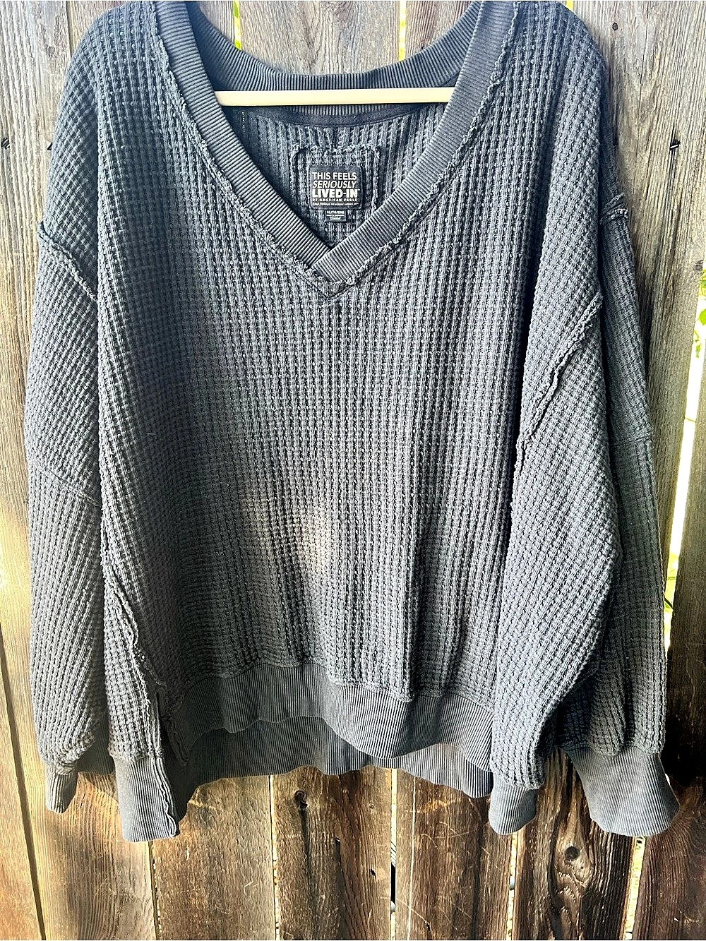American Eagle This Feels Seriously Lived-In Waffle V-Neck Sweater Gray XL
